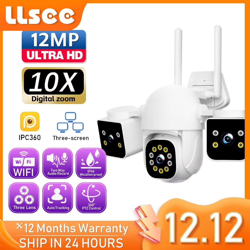 LLSEE 12MP 6K 3 เลนส์กล้อง PTZ IP การรักษาความปลอดภัยกล้องไร้สาย WIFI กล้องวงจรปิดกลางแจ้ง 10X ดิจิตอลซูม ip camera cctv