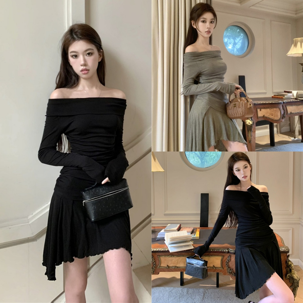 Bella Shop ปาดไหล่เดียว ทรงสลิม แขนยาว ชุดเดรสสำหรับผู้หญิง เอวจีบ ชายกระโปรงไม่สม่ำเสมอ กระโปรงทรงเอสาวฮอต