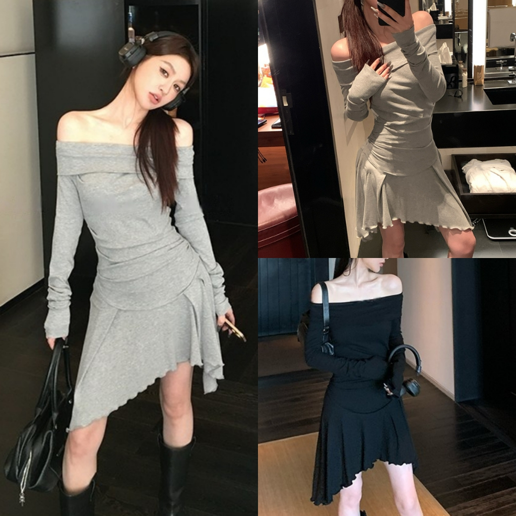 Luna Shop แฟชั่น ร้อนแรงและเซ็กซี่ ชุดเดรสสีดำตัวน้อย เปิดไหล่ แขนยาว เข้ารูป ทรงไม่สม่ำเสมอ สำหรับผู้หญิง
