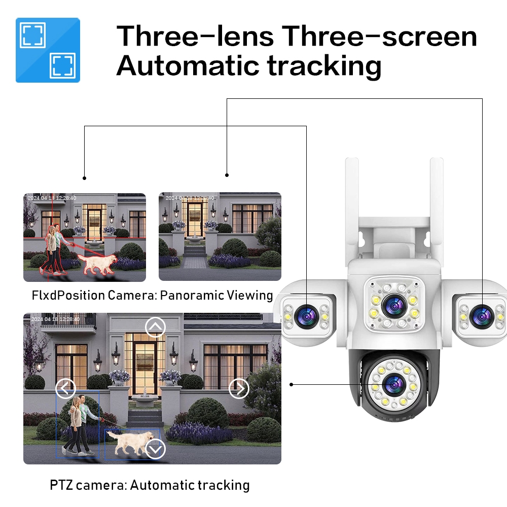 LLSEE YOOSEE สามเลนส์ 12MP 6K Monitor Wireless WIFI กล้องกลางแจ้ง 360 ไม่มีมุมตาย PTZ ตรวจจับการหมุนปลุกกล้องวงจรปิดติดตามความเคลื่อนไหวที่มีสีสัน Night Vision สองทางโทร
