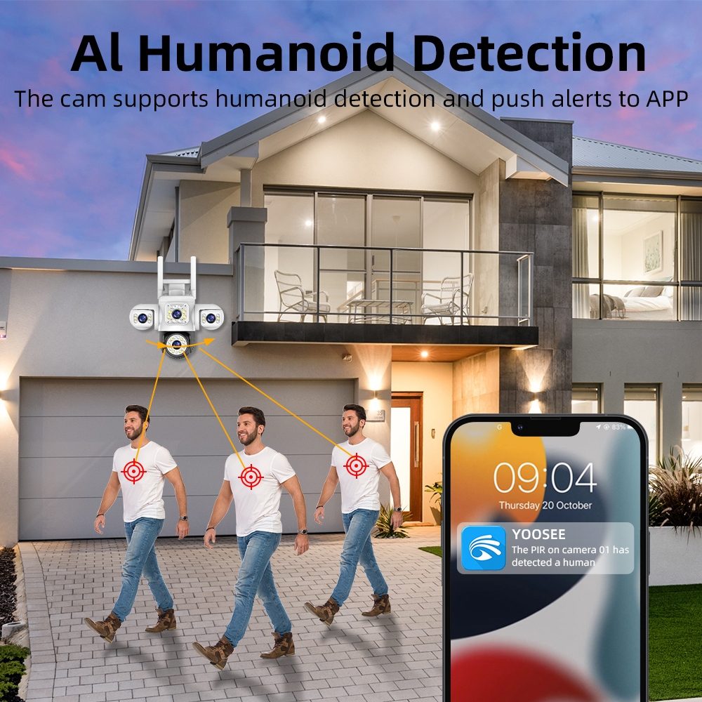 LLSEE YOOSEE สามเลนส์ 12MP 6K Monitor Wireless WIFI กล้องกลางแจ้ง 360 ไม่มีมุมตาย PTZ ตรวจจับการหมุนปลุกกล้องวงจรปิดติดตามความเคลื่อนไหวที่มีสีสัน Night Vision สองทางโทร