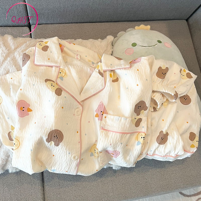 ชุดนอนผ้าฝ้ายลายหมีเมฆ สำหรับ 여성 กางเกงและเสื้อแขนสั้น