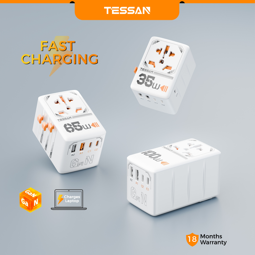 TESSAN Universal Travel Adapter เครื่องชาร์จด่วน ปลั๊กไฟทั่วโลก พร้อม USB + Type C 35W/65W/100W