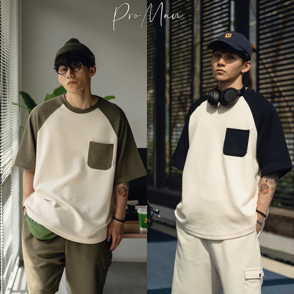 ProMan-แขนสั้นวาฟเฟิลด์ สไตล์อเมริกันวินเทจ แบบหลวม ยอดนิยม เรียบง่าย