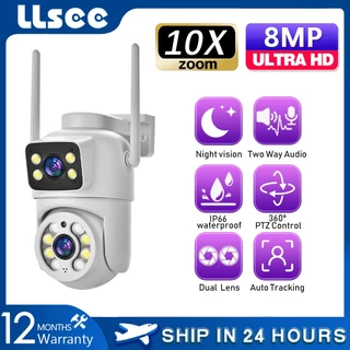 LLSEE ICSEE 4K 8MP เลนส์คู่ติดตามการเคลื่อนไหว WIFI กลางแจ้งไร้สายกล้องวงจรปิดกันน้ำตรวจจับมนุษย์ปลุก IP กล้องรักษาความปลอดภัย Night Vision สีสันสองทางโทร