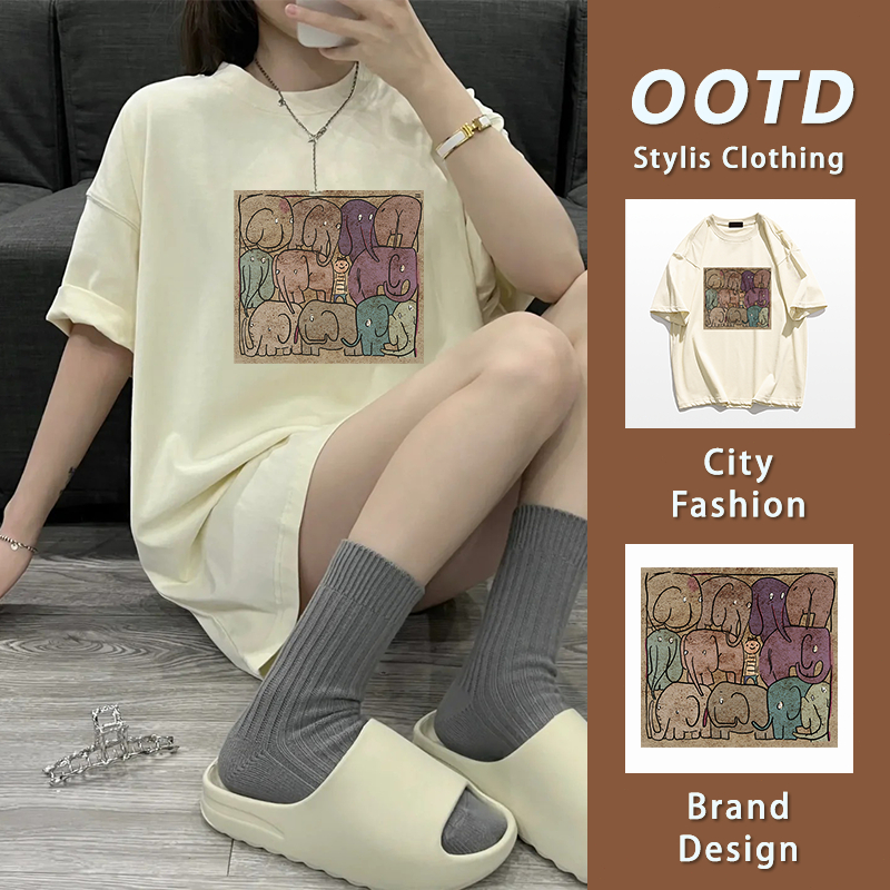 พร้อมส่ง เสื้อยืดผู้หญิง ไซส์ใหญ่ นุ่มสบาย คอกลมแขนสั้น ลายช้าง ผ้าฝ้าย ทันสมัย 200g (M-XXXL) YG803