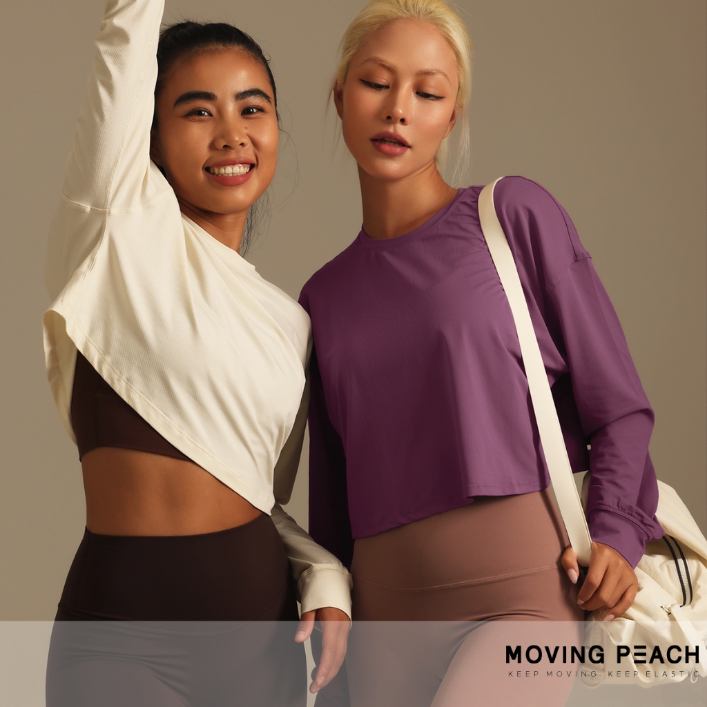 Moving Peach ผู้หญิงกีฬา Longsleeve หลวม Comfort Pilates โยคะด้านบน Drop ไหล่ออกแบบ Crop Top Gym Dan