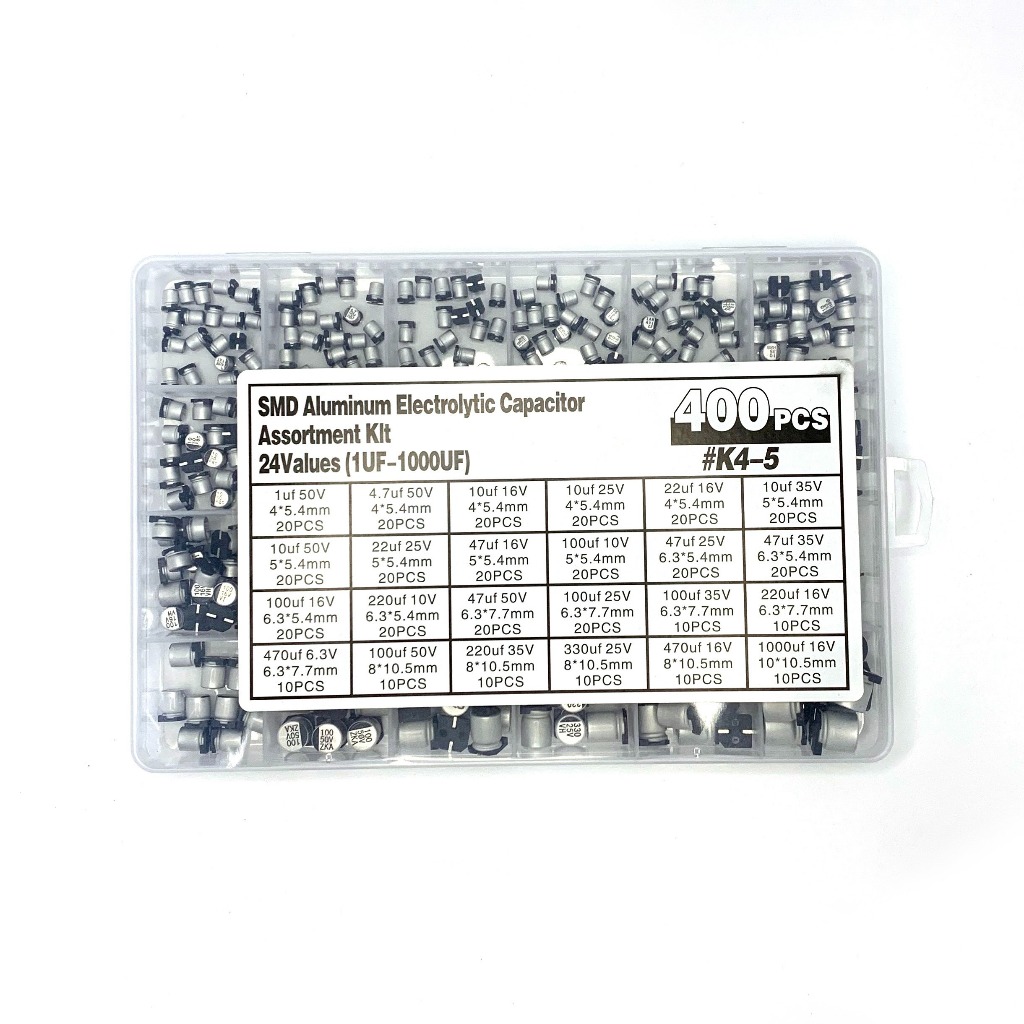 400 ชิ้น 1uF-1000uF 24 ค่าตัวเก็บประจุไฟฟ้าชุดสารพันกล่อง SMD อลูมิเนียมอิเล็กโทรลีติคตัวเก็บประจุชุด