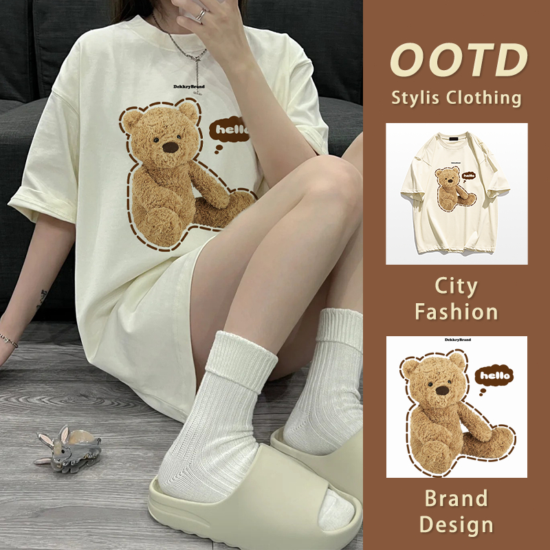 เสื้อยืดcottonแขนสั้นผู้หญิง ลายพิมพ์หมี oversize สไตล์สบายๆ แมทง่าย เรียบง่ายแมทช์ง่าย YG1012