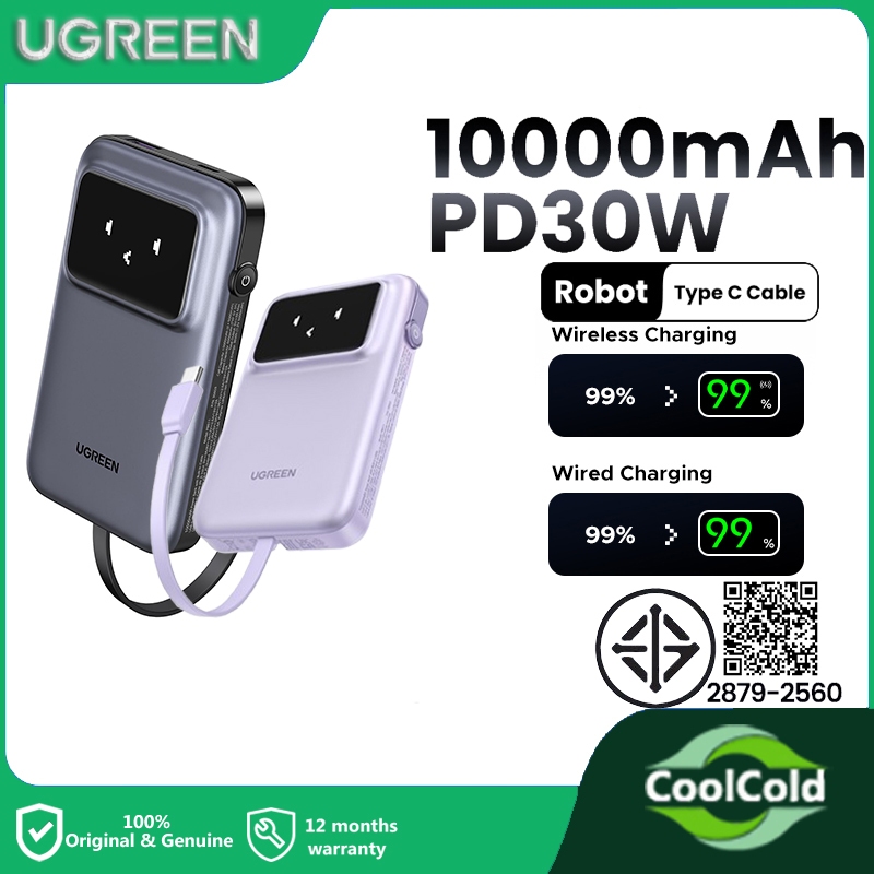 Ugreen Uno Powerbank 10000mAh ในตัวสาย USB-C Power Bank PD 30W SCP22.5W Fast Charging ชุดแบตเตอรี่พร้อมจอแสดงผล TFT Charger แบบพกพา