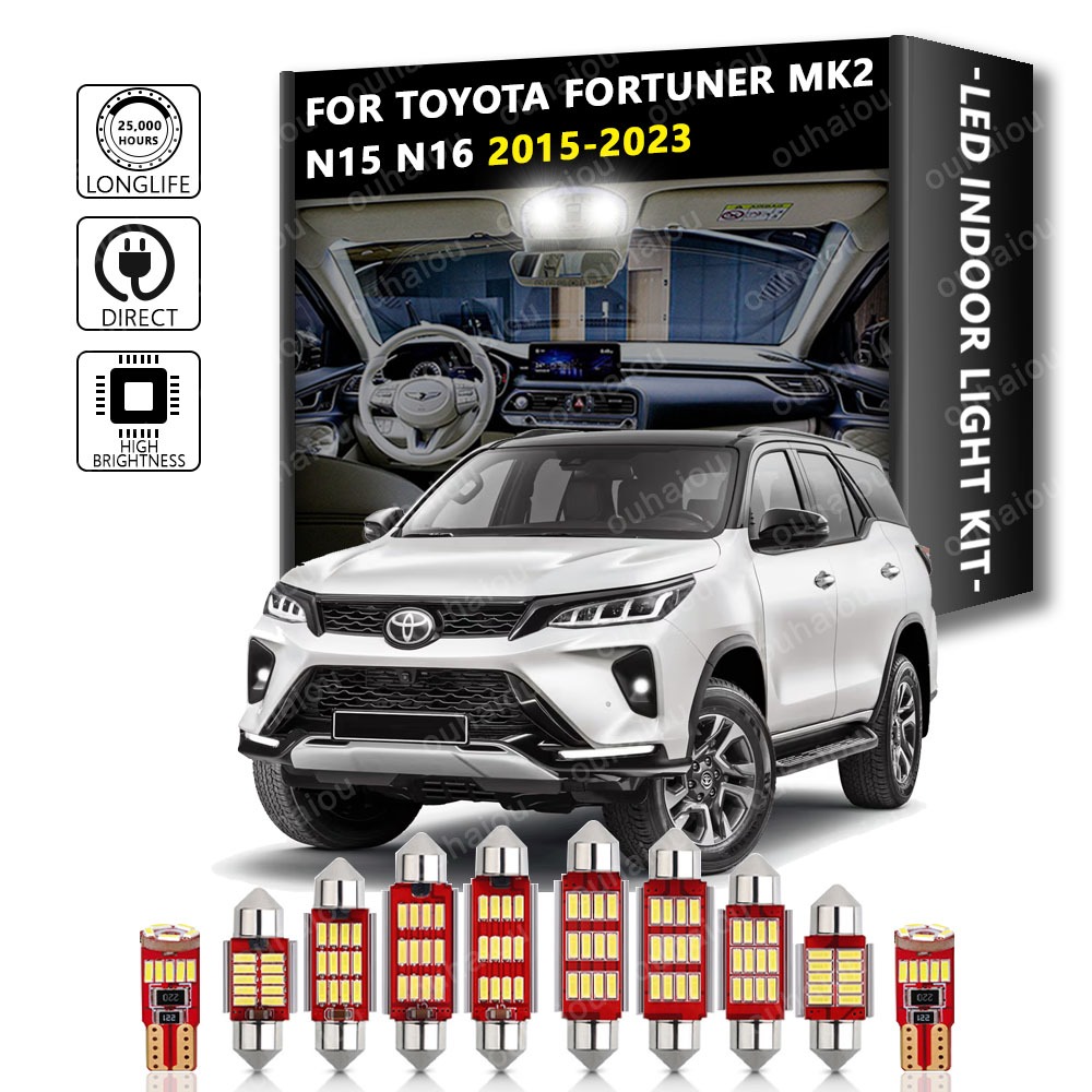 8 ชิ้นภายในหลอดไฟ LED ชุดสําหรับ Toyota Fortuner MK2 N15 N16 2015 2016 2017 2018 2019 2020 2021 2022 2023 Canbus รถโดมอ่าน Trunk โคมไฟ