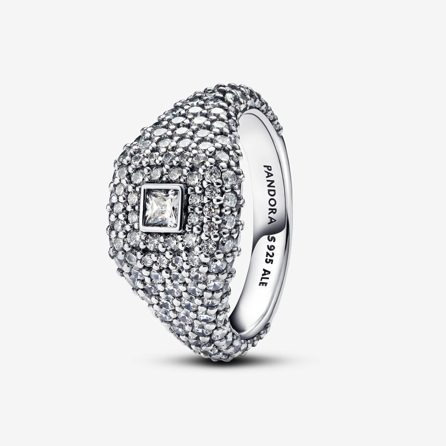 แหวนค็อกเทลสี่เหลี่ยม Pavé สีเงิน 925