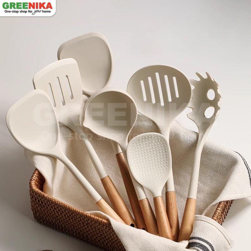 GREENIKA ชุดเครื่องครัวซิลิโคน 12ชิ้น ตะหลิว ทัพพี ไม้พาย กระบวย แปรง ที่คีบขนม ตะกร้อตีไข่ พิเศษสำหรับทำอาหาร