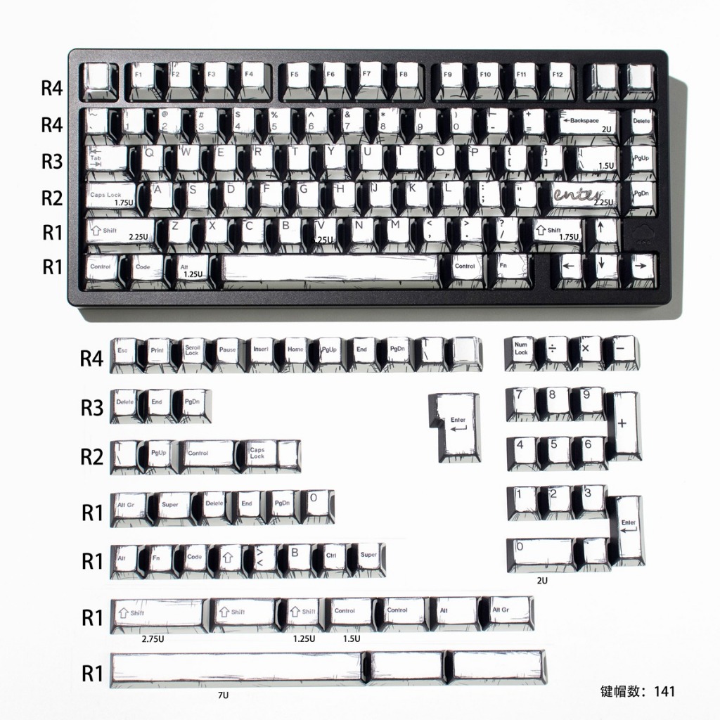 -LW- ปุ่มกดสไตล์มังงะสีขาว PBT Keycaps CHERRY Profile คีย์บอร์ดเครื่องกล