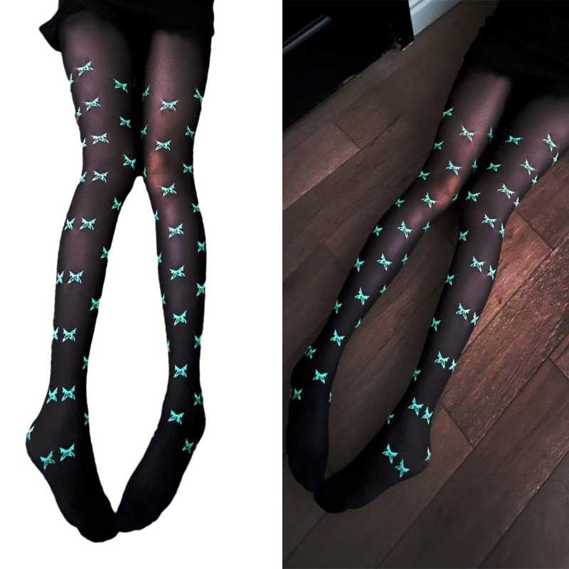 Alia Luminous เอว Pantyhose ถุงน่องผีเสื้อลายหัวใจเรืองแสงสําหรับผู้หญิง
