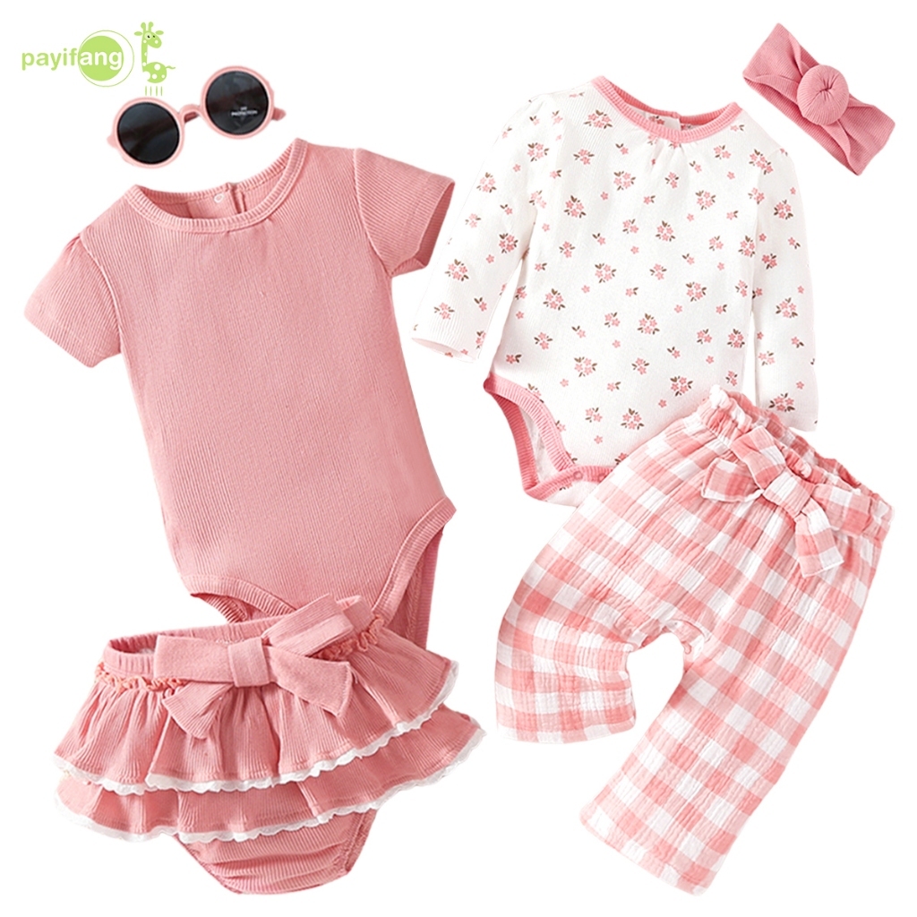 Payi Baby-3PCS เด็กทารกแขนยาว/แขนสั้น ชุดยืดแบบเด็ก ชุดสีชมพูกางเกงขายาว/กางเกงขาสั้นใหม่