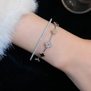 [Jewbeauty]Zircon เพชรดอกไม้คู่เปิดสร้อยข้อมือแสงหรูหราความรู้สึกคุณภาพสูงสร้อยข้อมืออารมณ์retro niche Courtสไตล์เครื่องประดับมือ