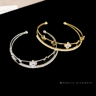 [Jewbeauty]Zircon เพชรดอกไม้คู่เปิดสร้อยข้อมือแสงหรูหราความรู้สึกคุณภาพสูงสร้อยข้อมืออารมณ์retro niche Courtสไตล์เครื่องประดับมือ