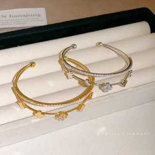 [Jewbeauty]Zircon เพชรดอกไม้คู่เปิดสร้อยข้อมือแสงหรูหราความรู้สึกคุณภาพสูงสร้อยข้อมืออารมณ์retro niche Courtสไตล์เครื่องประดับมือ