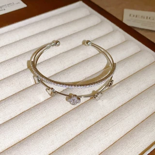[Jewbeauty]Zircon เพชรดอกไม้คู่เปิดสร้อยข้อมือแสงหรูหราความรู้สึกคุณภาพสูงสร้อยข้อมืออารมณ์retro niche Courtสไตล์เครื่องประดับมือ