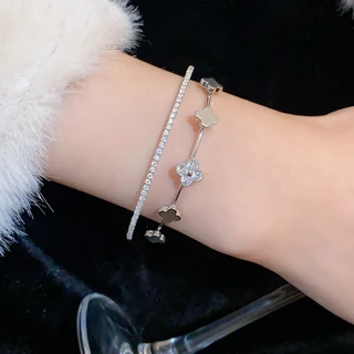 [Jewbeauty]Zircon เพชรดอกไม้คู่เปิดสร้อยข้อมือแสงหรูหราความรู้สึกคุณภาพสูงสร้อยข้อมืออารมณ์retro niche Courtสไตล์เครื่องประดับมือ
