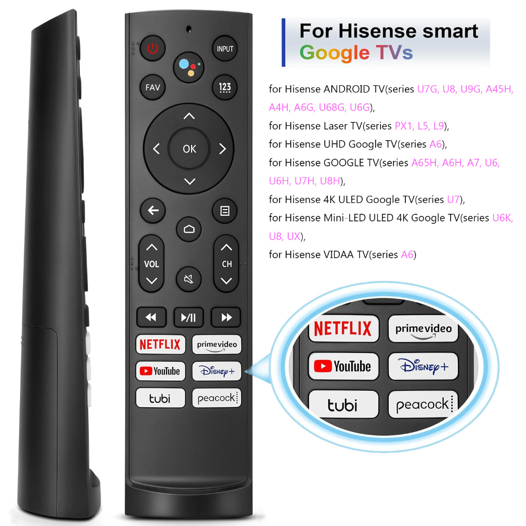 รีโมทคอนโทรลทดแทนสําหรับ Hisense Smart Google TV,สําหรับทีวี Hisense UHD 4K ULED Google (ไม่มีฟังก์ช