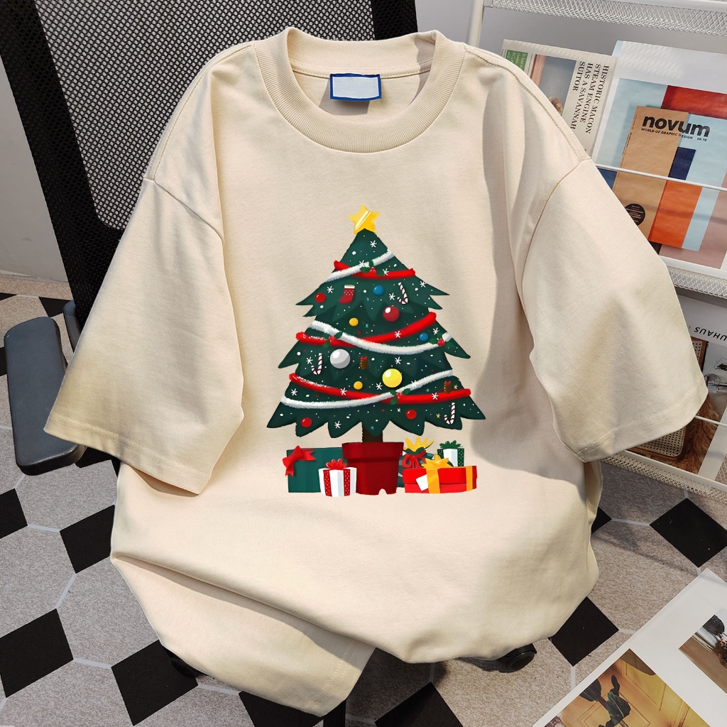 เสื้อยืด christmas TIHIK เสื้อยืดแดง oversize ผ้าฝ้าย100 พิมพ์การ์ตูนน่ารัก I003218
