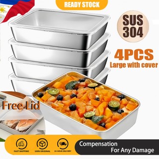 4PCS 304 Stainless Steel Box Kitchen Storage Box Fresh-keeping Box with Lid Household Refrigerator Fruit Containers Lunch Box BBQ Food Trays for Picnic
