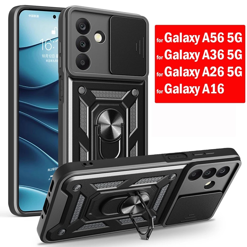 SAMSUNG เคสโทรศัพท์สําหรับsamsung Galaxy A06 A16 A26 A36 A56 16 4G 5G Pushสไลด์กล้องเลนส์เกราะป้องกันปลอกกันกระแทกผู้ถือแหวนยึดบัตรเครดิตฮาร์ดปกหลัง