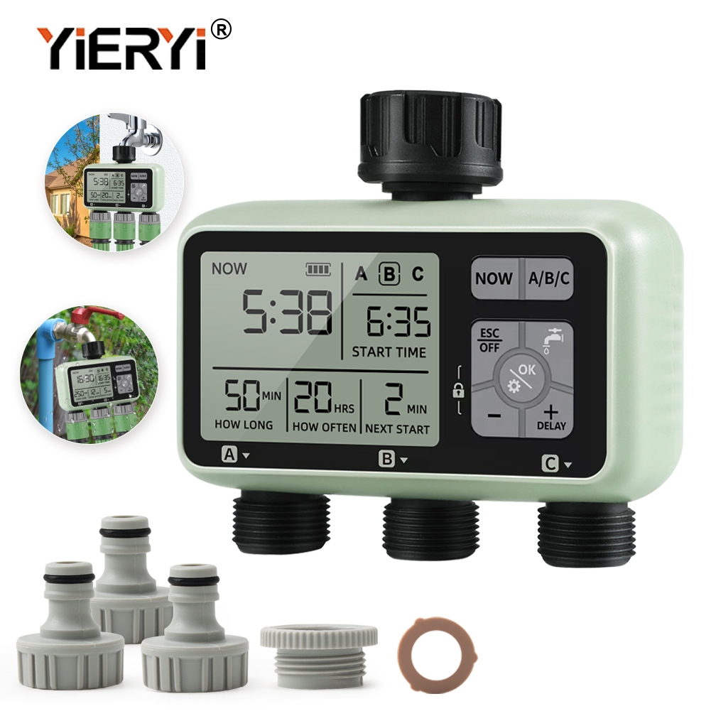 Yieryi YG-320 ควบคุมอัจฉริยะกลางแจ้งสามวาล์วอุปกรณ์รดน้ําอัตโนมัติ IPX5 กันน้ํา,สวนอุปกรณ์ชลประทานหมดเวลา, 3 หลุมเหมาะสําหรับสวนสนามหญ้า Potte