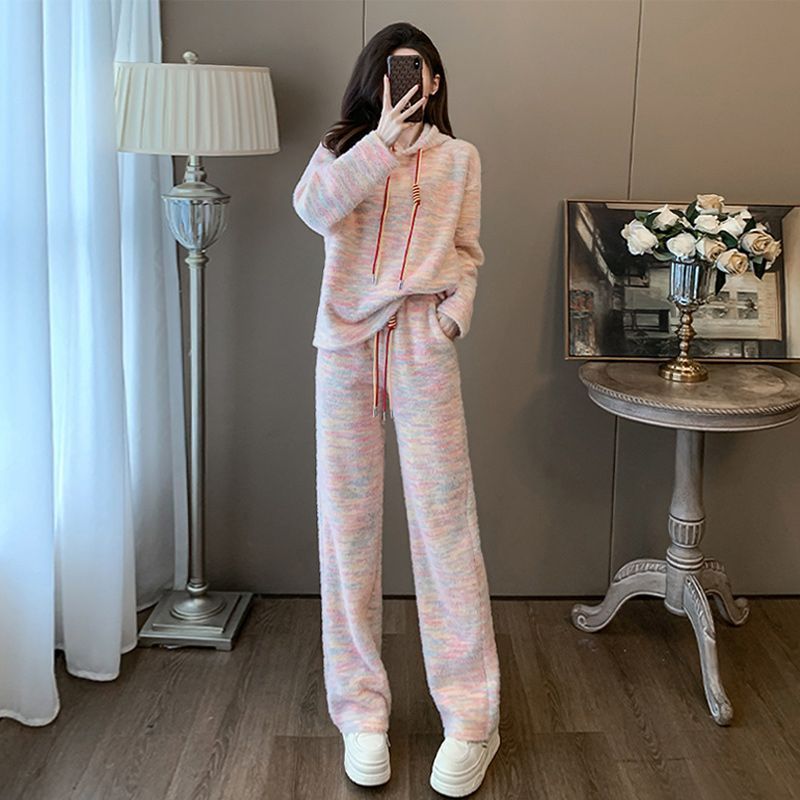 2ชิ้นผู้หญิงเสื้อกันหนาวหมวกสบายๆเสื้อผ้าแต่ละชุดสวมใส่เลดี้แขนยาวเสื้อกันหนาวหมวกที่มีสีสันด้านบนและหลวมกางเกงขายาวเอวสูงขากว้างขนาดบวก #886