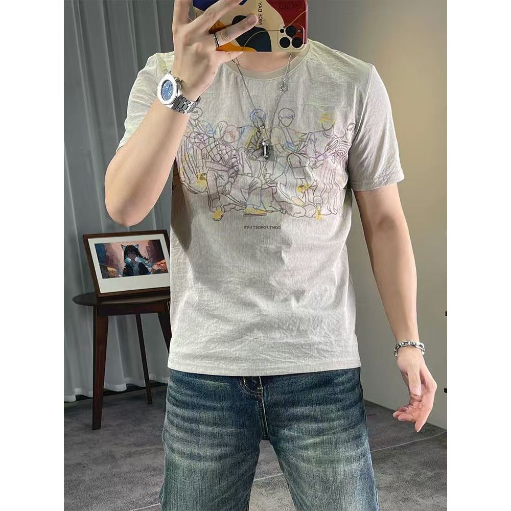 เสื้อยืดคอกลมผ้าฝ้าย เทนเซล สําหรับผู้ชายทรงสลิมลําลองแยกแขนสั้นเสื้อยืด