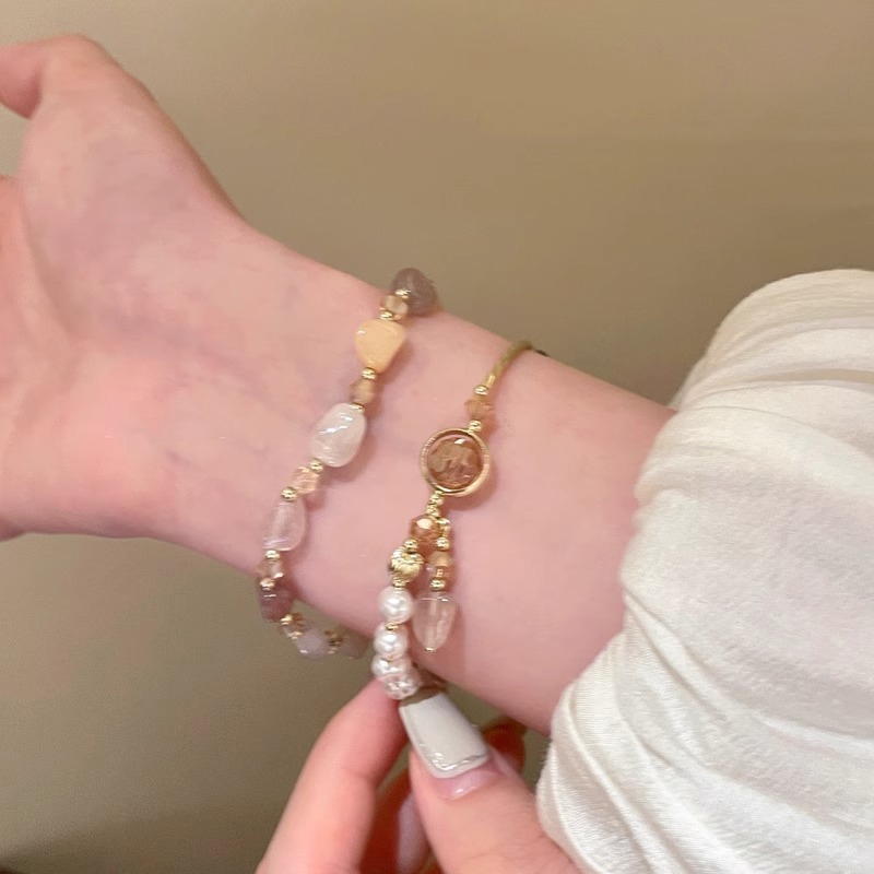 แฟชั่นเกาหลีสองชั้นคริสตัลมุกสร้อยข้อมือลูกปัดหญิงสีทอง อิน ของขวัญวันเกิดนักเรียน