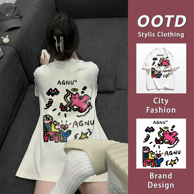 เสื้อยืดคอกลมแขนสั้น ผ้าคอตตอน ใส่สบาย ระบายอากาศ ลายสองด้าน เสื้อสาวอวบ สไตล์เท่ๆ ไซส์ใหญ่ YG875