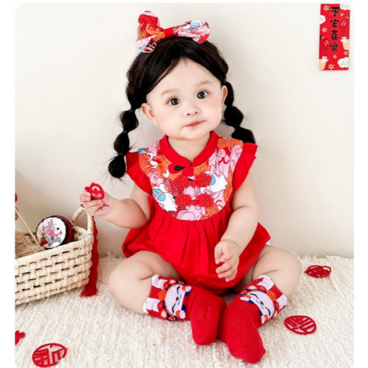 สาวตรุษจีน กี่เพ้า สีแดง ชุดรอมเปอร์ บอดี้สูททารก – ชุดเด็กแรกเกิดผ้าฝ้ายชุดสามชิ้น (0-24เดือน)