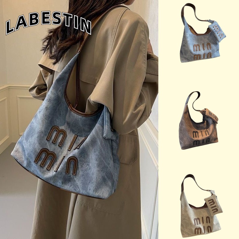 LABESTIN กระเป๋าสตรี ใหม่ อินเทรนด์ แฟชั่น ลำลอง เดินทาง ความจุขนาดใหญ่ กระเป๋าสะพายผ้ายีนส์