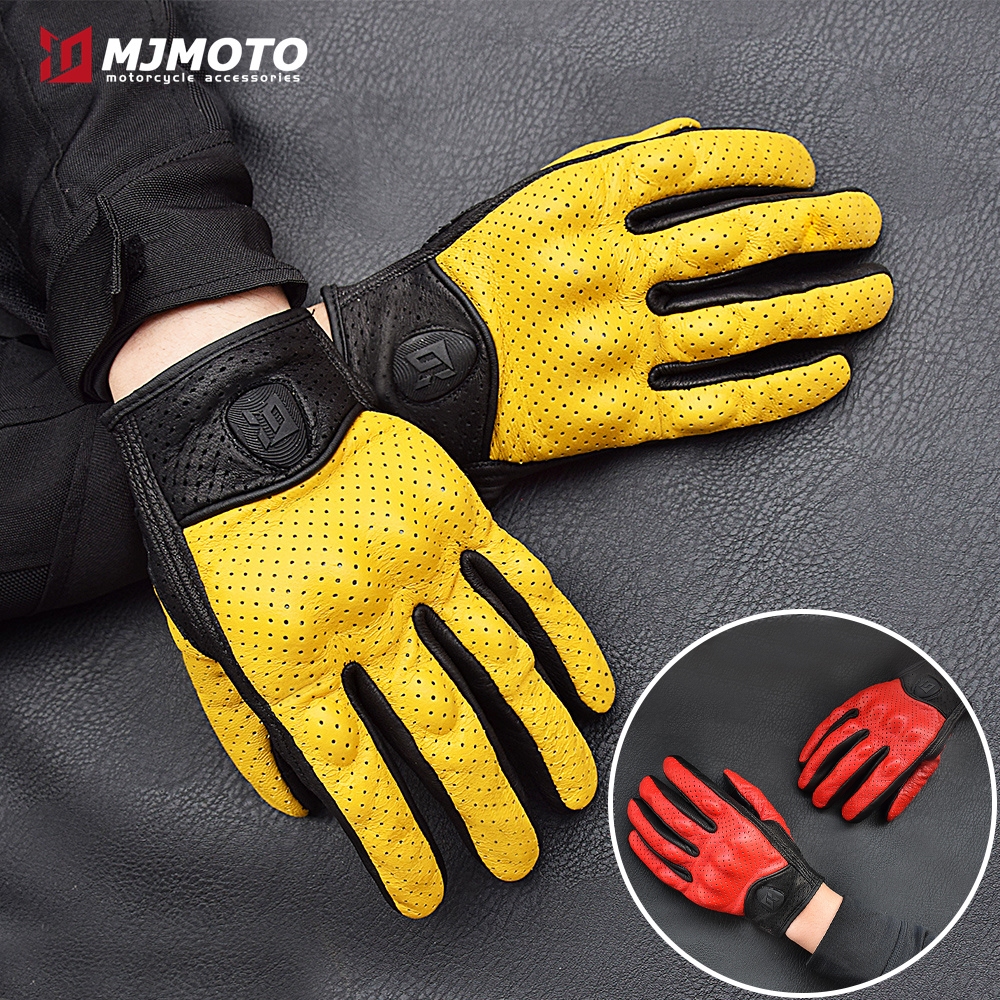 Mjoto รถจักรยานยนต์ถุงมือหนังแท้ฤดูใบไม้ผลิฤดูร้อน Perforated Breathable Shock-proof Retro หนังแกะถุงมือขี่จักรยานหน้าจอสัมผัส MJ-ICON10