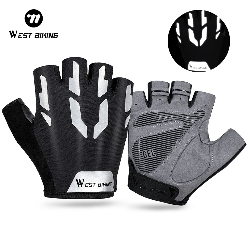 WEST BIKING ถุงมือขี่จักรยาน แบบครึ่งนิ้ว สะท้อนแสง กันลื่น ระบายอากาศ สําหรับผู้ชาย เล่นกีฬากลางแจ้ง