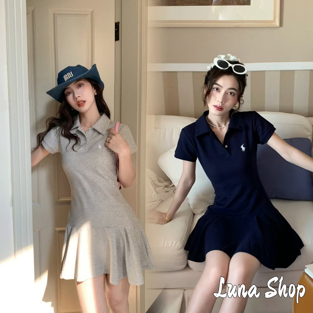 Luna Shop ฤดูร้อนใหม่เวอร์ชั่นเกาหลีลำลองอเนกประสงค์โปโลปักชุดกระชับสัดส่วนเอวแคบสำหรับผู้หญิง