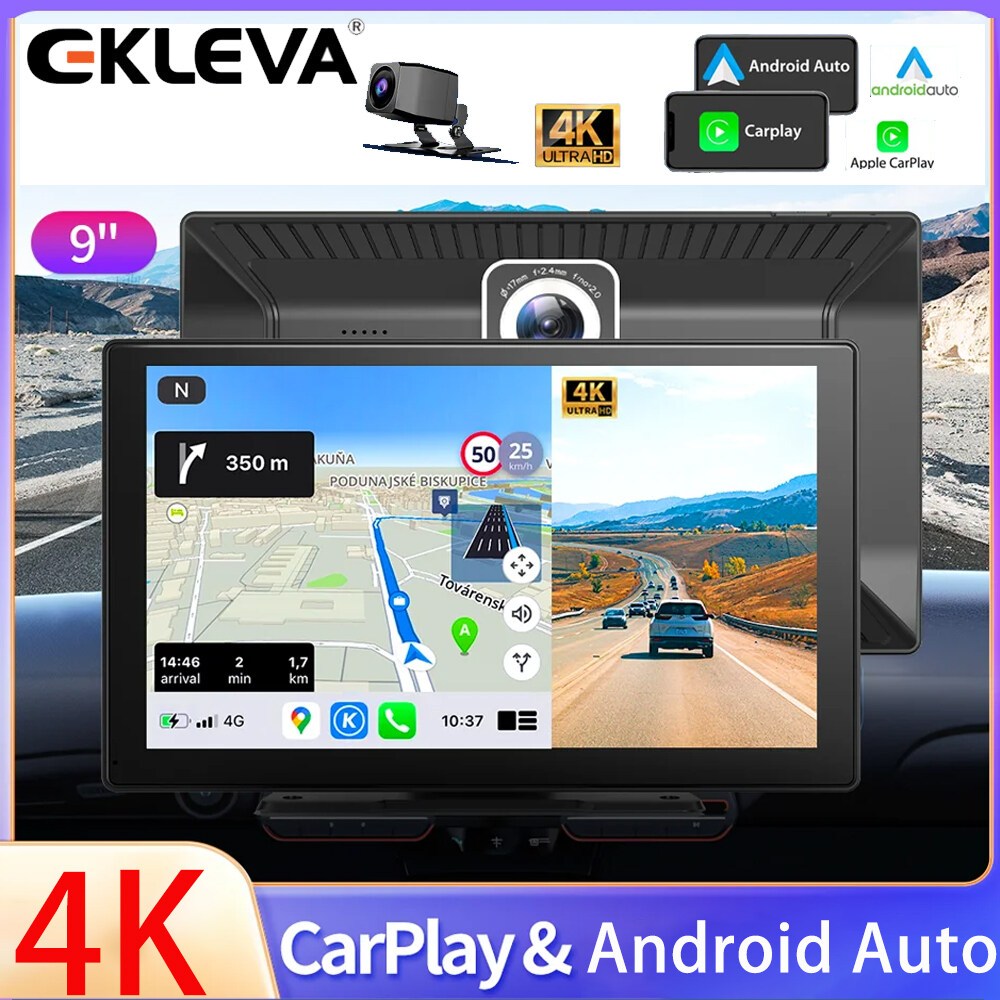 Ekleva 4K 9 นิ้ว Dash Cam พร้อม Morrir Link Carplay & Android Auto สมาร์ทเครื่องเล่นขนาดใหญ่พร้อมระบ