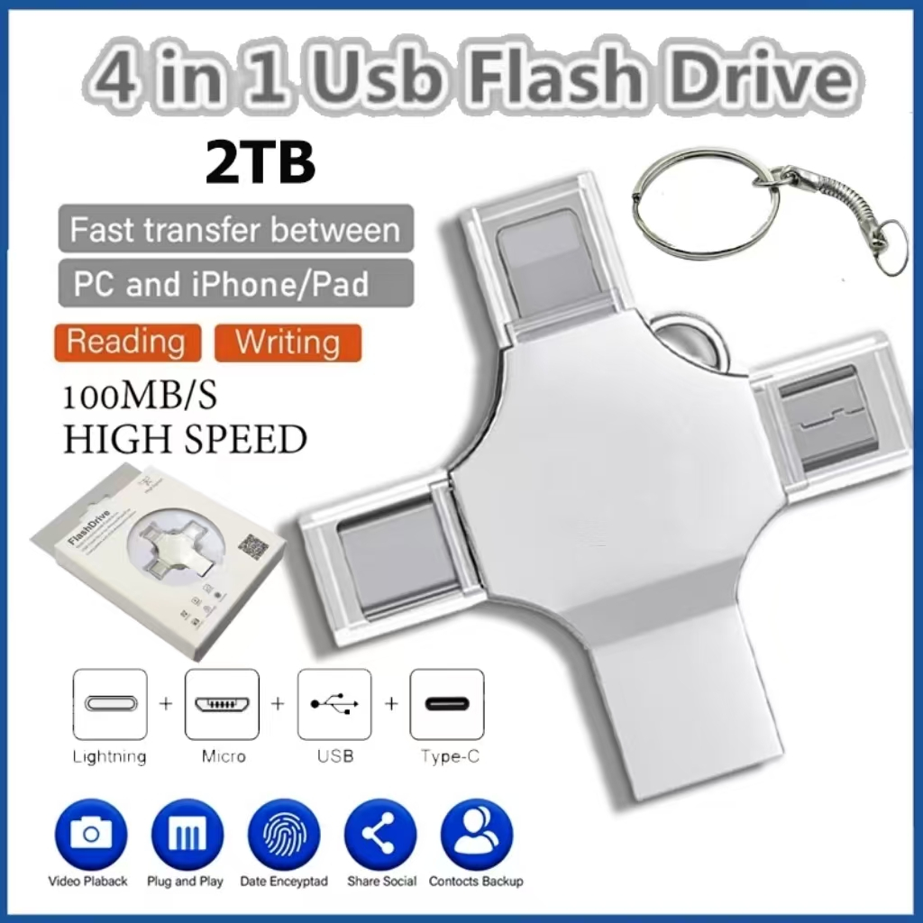 แฟลชไดรฟ์ USB 3.0 4-in-1 Memory Stick 2TB OTG Pendrive ความเร็วที่รวดเร็ว ​​พีซีสมาร์ทโฟน Android Type-C