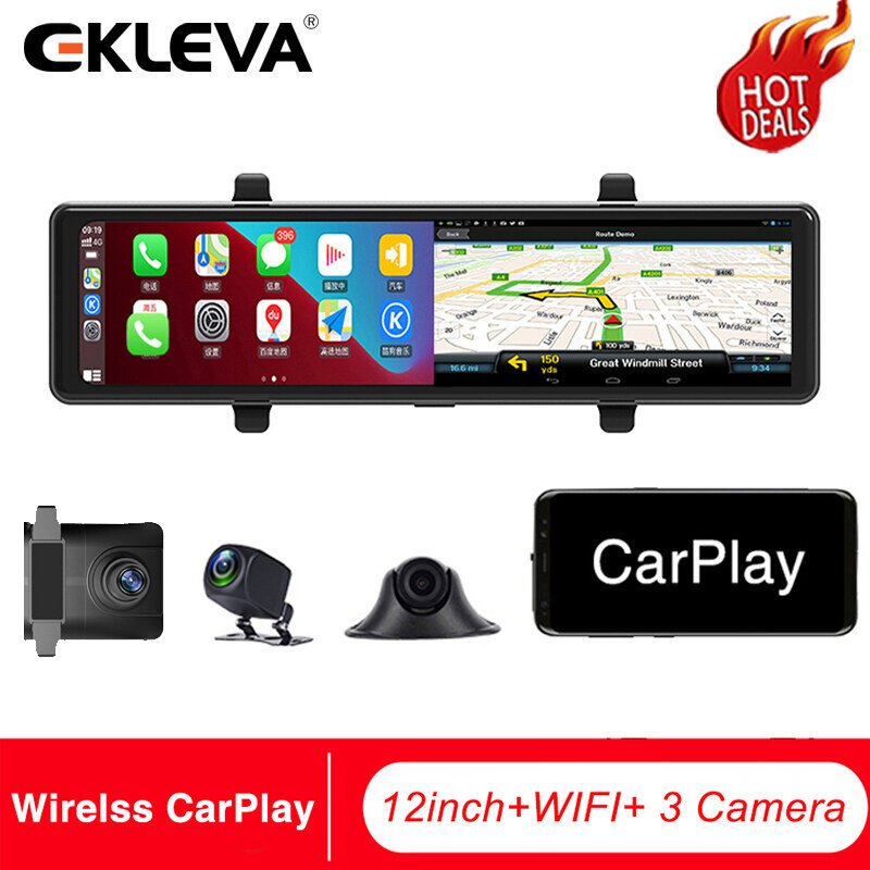 Ekleva 12 นิ้ว AHD 4K รถ Dash Cam กระจกมองหลัง 3 กล้องบันทึกวิดีโอสนับสนุน CarPlay WIFI การเชื่อมต่อ