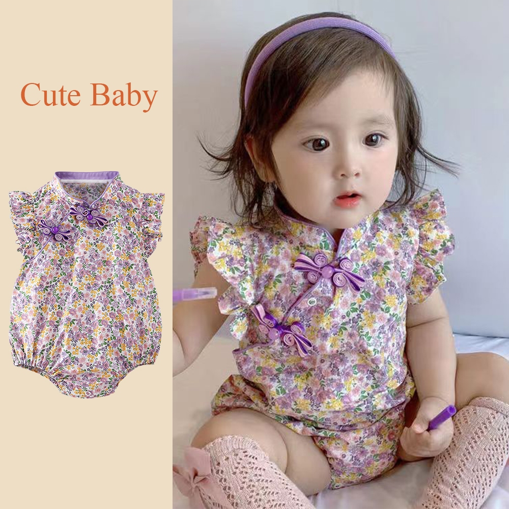 0-24m กระโปรงลายดอกไม้สีม่วง Chi-Pao ตรุษจีน Cheongsam ทารกแรกเกิดเด็กผู้หญิง Jumpsuit