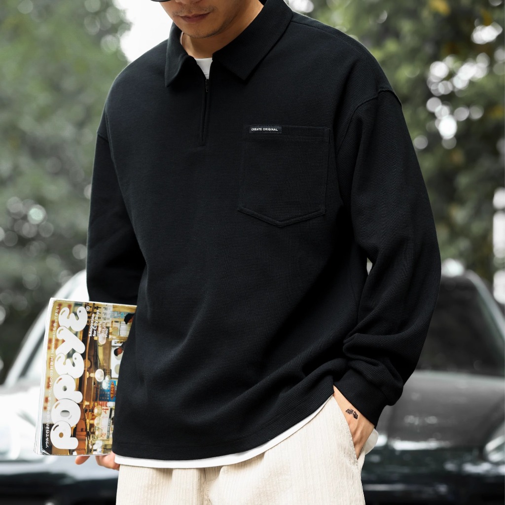 อเมริกันย้อนยุคหนักวาฟเฟิลแขนยาวเสื้อโปโลผู้ชายซิปครึ่งคาร์ดิแกนกระเป๋าสบายๆปกเสื้อยืด