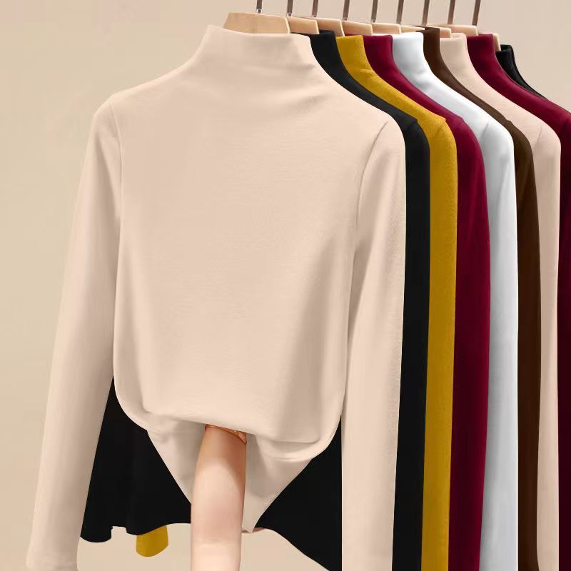 ฮีทเทค เสื้อแขนยาว เสื้อคอสูงครึ่ง ตัวบุขนกำมะหยี่หนาพิเศษสำหรับผู้หญิงเสื้อตัวในกำมะหยี่สองด้านที่อบอุ่นสำหรับฤดูใบไม้ร่วงและฤดูหนาวเสื้อยืดแขนยาว