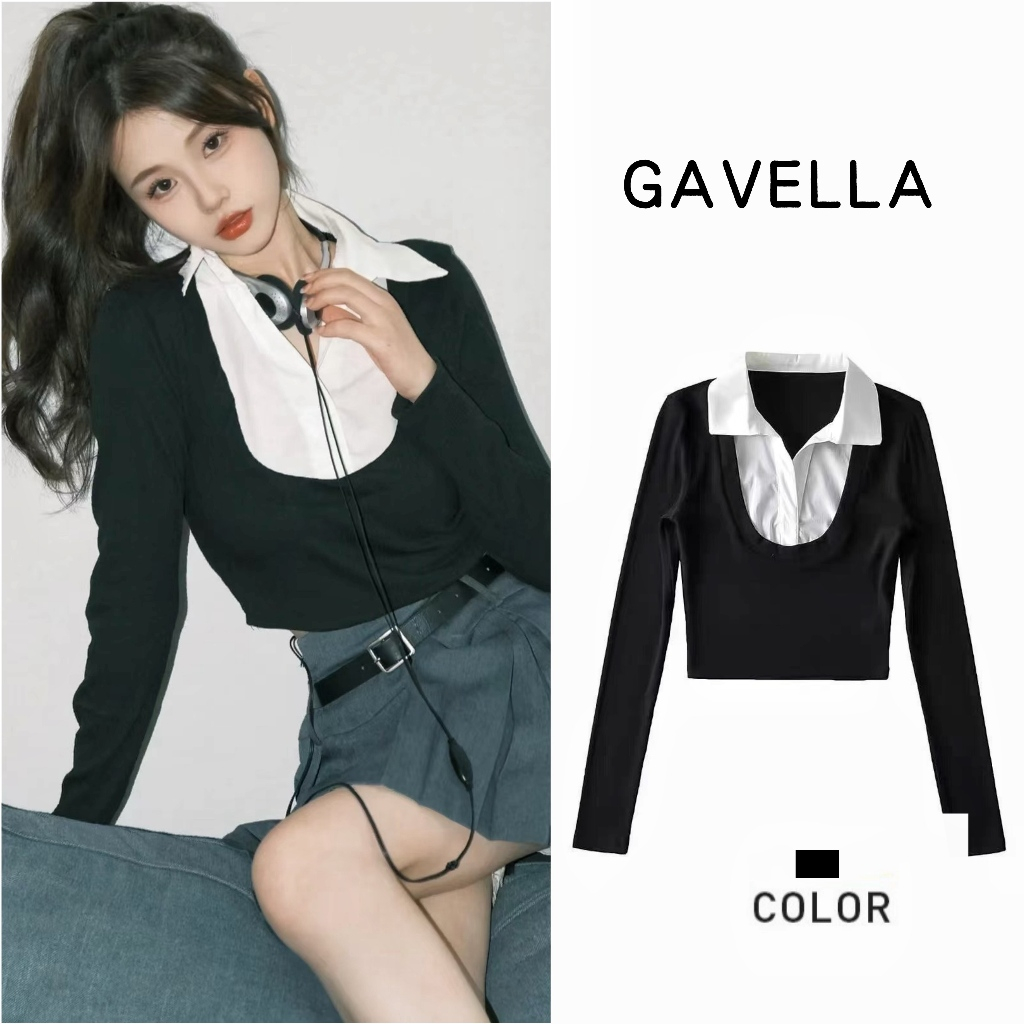 GAVELLA พร้อมส่ง✨เสื้อแฟชั่นผู้หญิง เสื้อครอปดีไซน์เก๋ คอปก เสื้อไหมพรมแขนยาว เย็บติดกัน สไตล์เกาหลี  ใส่คู่เสื้อกล้าม ดีเทลคอปก