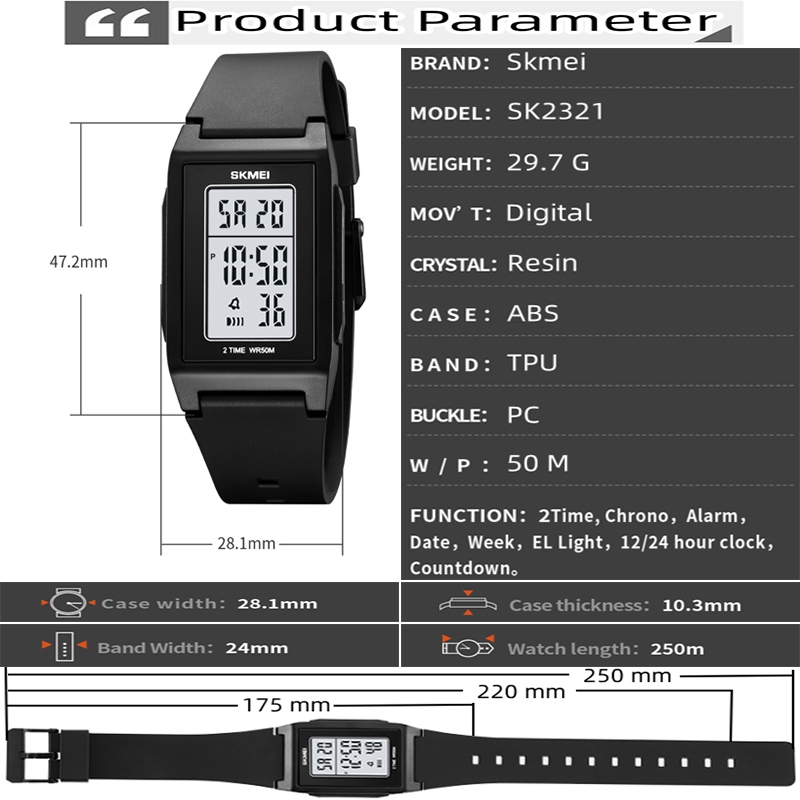 Skmei Unisex นาฬิกาดิจิตอลกันน้ําพร้อมนาฬิกาปลุกแฟชั่นสายรัด TPU ไฟ LED กันกระแทกกีฬา Dual Time