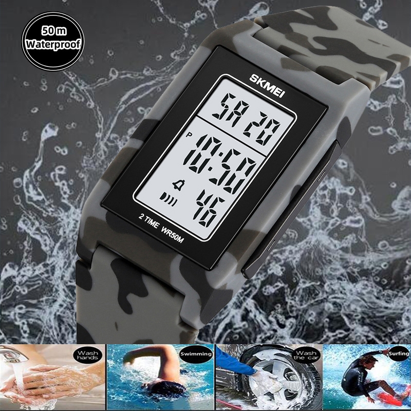 Skmei Unisex นาฬิกาดิจิตอลกันน้ําพร้อมนาฬิกาปลุกแฟชั่นสายรัด TPU ไฟ LED กันกระแทกกีฬา Dual Time