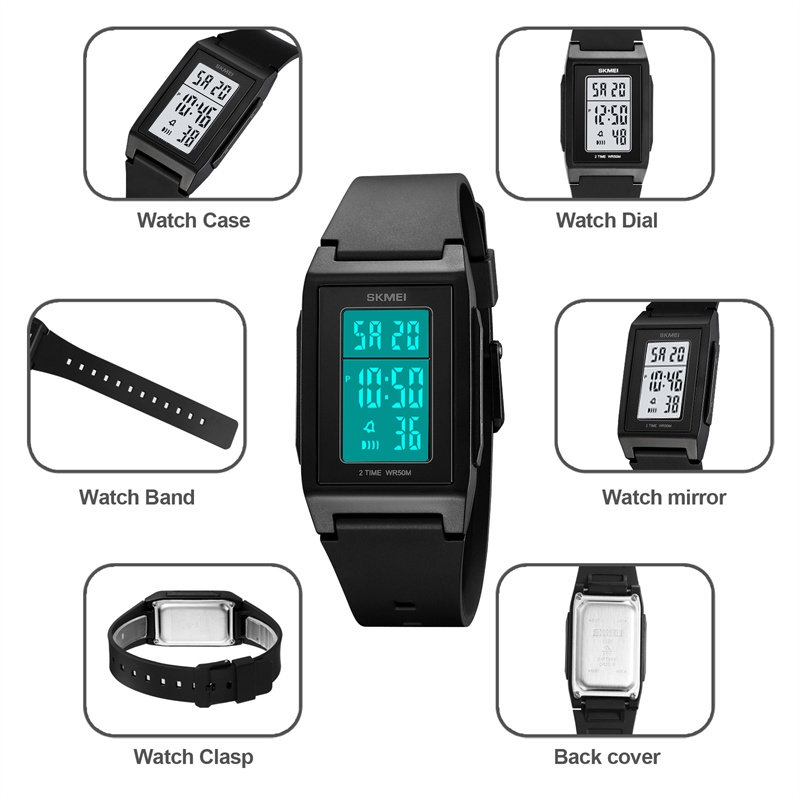 Skmei Unisex นาฬิกาดิจิตอลกันน้ําพร้อมนาฬิกาปลุกแฟชั่นสายรัด TPU ไฟ LED กันกระแทกกีฬา Dual Time