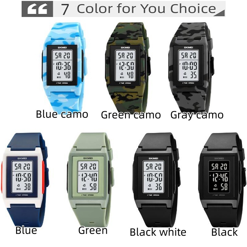 Skmei Unisex นาฬิกาดิจิตอลกันน้ําพร้อมนาฬิกาปลุกแฟชั่นสายรัด TPU ไฟ LED กันกระแทกกีฬา Dual Time